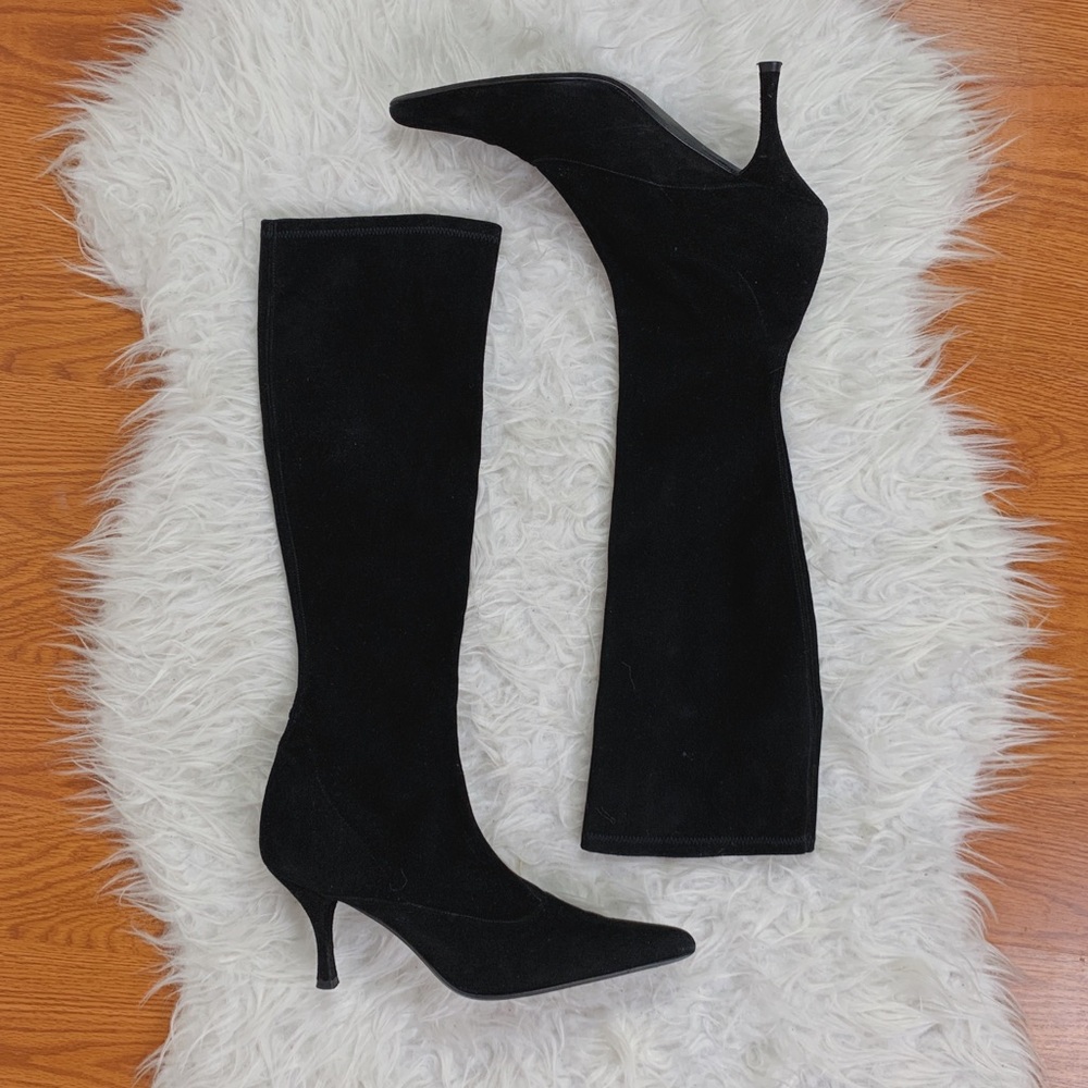 Stuart Weitzman Black Suede Knee High Sock Boots Kitten Heel Size 10